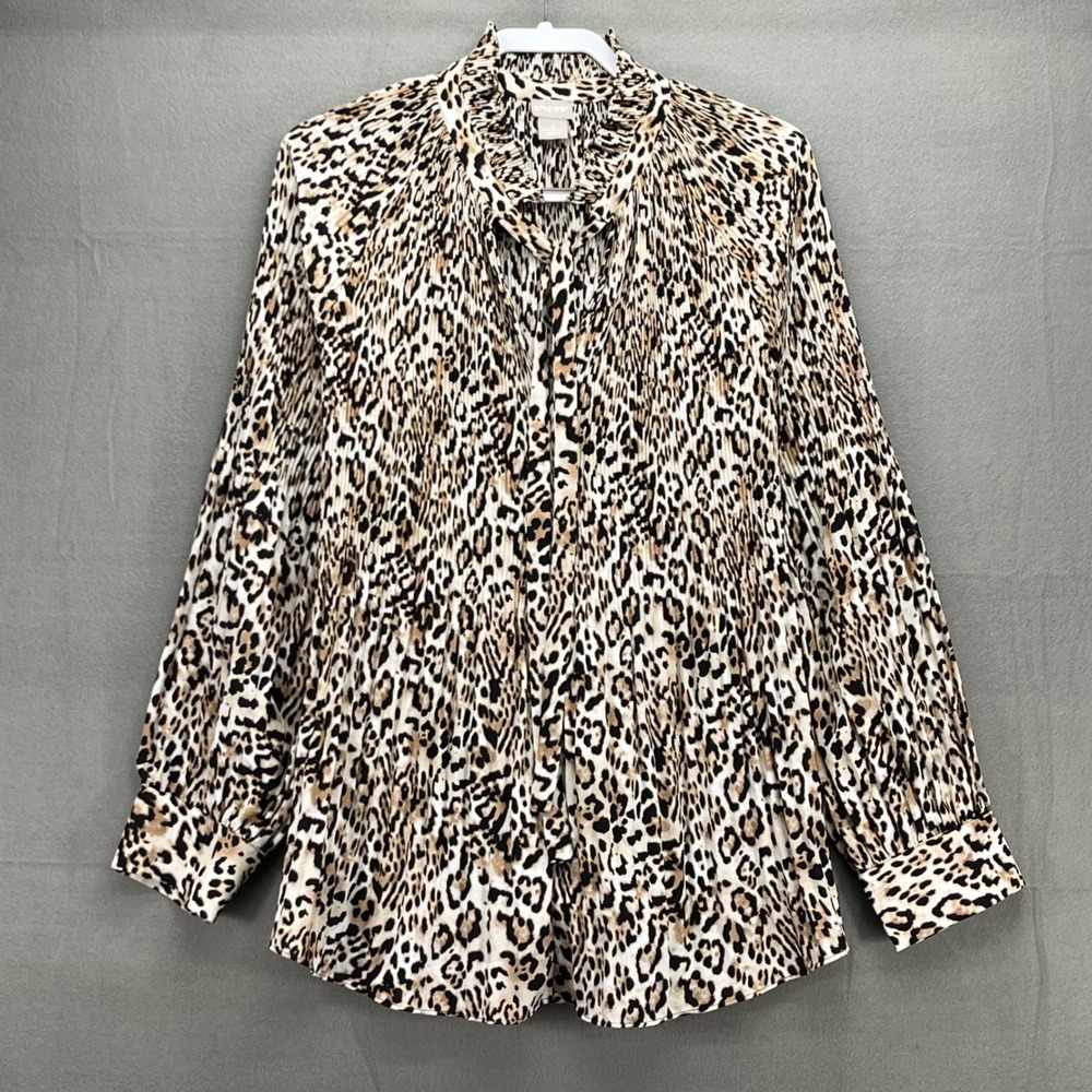 Chicos Leopard Print Pleated Mock Neck Blouse Long Sleeve Size 4 US 20/22
